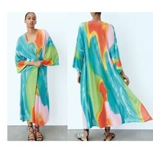 Zara Colorful Teal Kimono Duster Swim Cover-Up Long Open Cardigan Size Medium